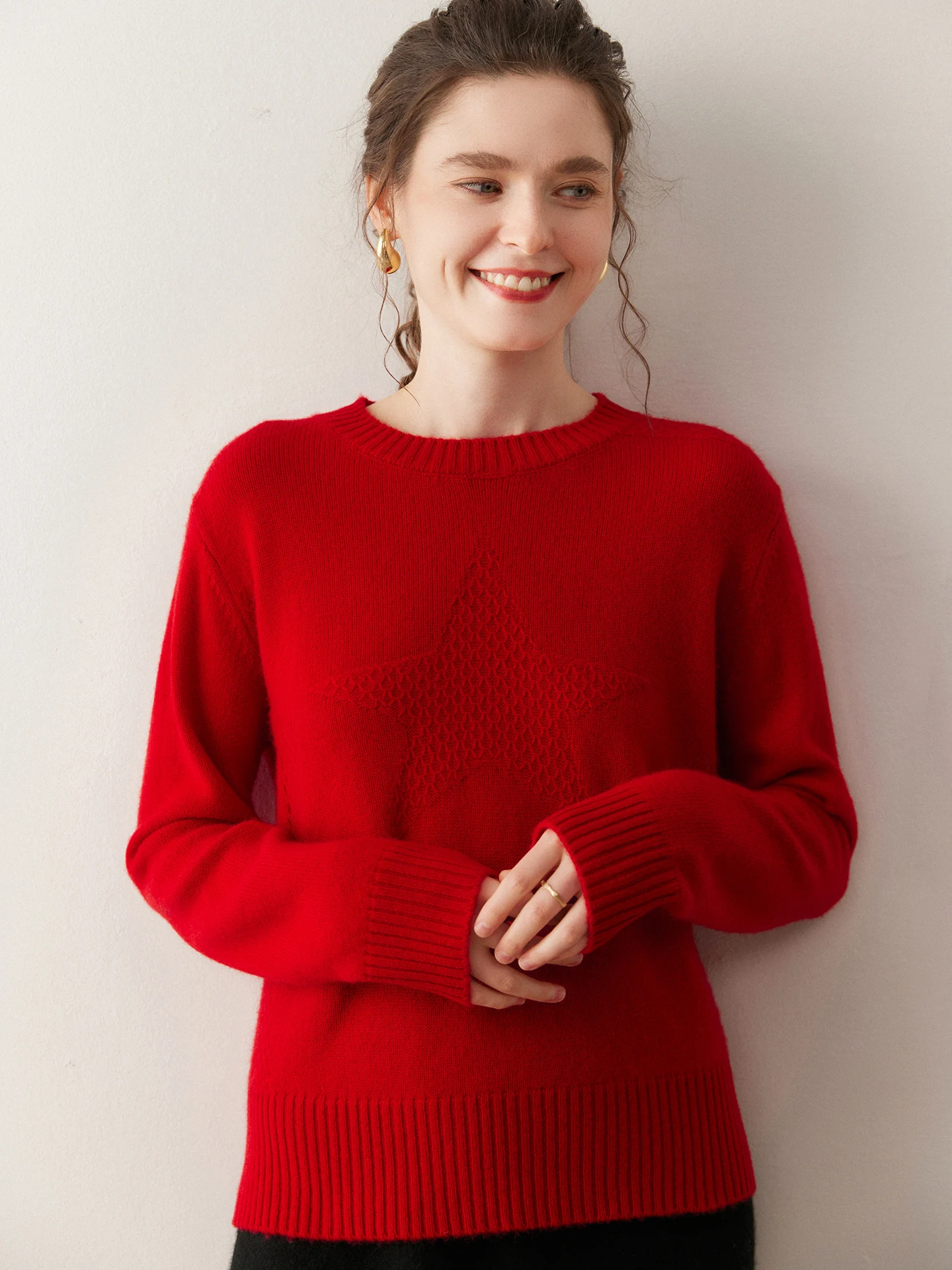 

TLOML Women‘s 100% Cashmere Sweater Thicken O-neck Star Pullover Jacquard Cashmere Knitwear Autumn Winter Soft Loose Comfy Tops