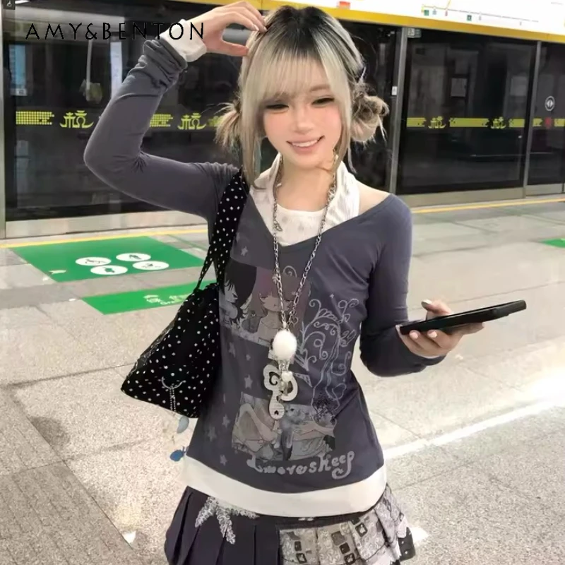 

Autumn New Purple Fake Two-Piece Long Sleeve Women's Bottoming Shirt Original Design Slimming Subculture Y2K Top T-Shirt Ladies