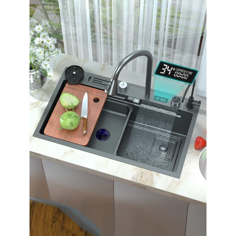 

Digital Display Waterfall Sink Nano Stainless Steel Kitchen Sink Large Single Slot Waterfall Faucet for Kitchen Renovation