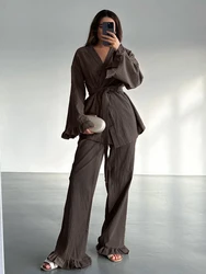 Marthaqiqi Cotton Women Nightwear Set Long Sleeve Pajamas Sexy V-Neck Sleepwear Lace Up Nightie Pants Casual Ladies Pyjamas Suit