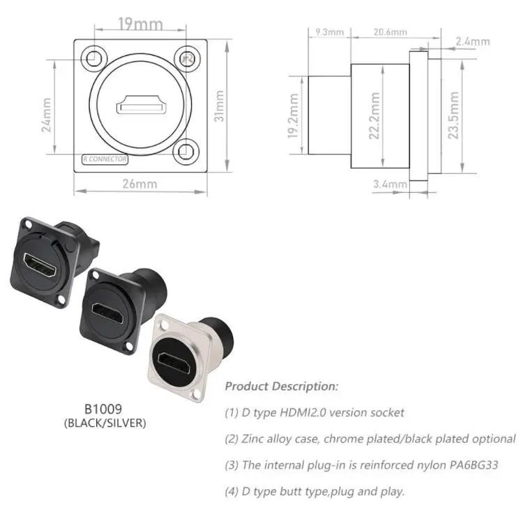 D Type Chassis Connector Female to Female Socket Panel Mounted Adapter HDMI-Compatible 2.0 Jack Plug