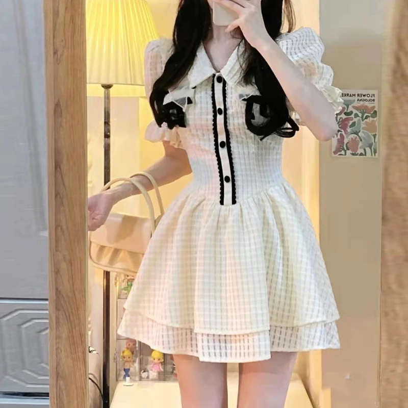 Fashion Ruffle Sweet Kawaii Princess Party Dresses for Women 2024 Summer Female Casual Short Sleeve Chic Slim Mini Dress Vestido