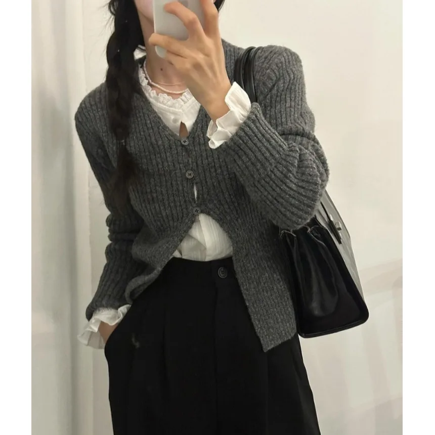 

Korean Sle Women's V-Ne Knitted Sweater Chic Autumn Winter Faion Simple Single Button Slimming Long Sve Top