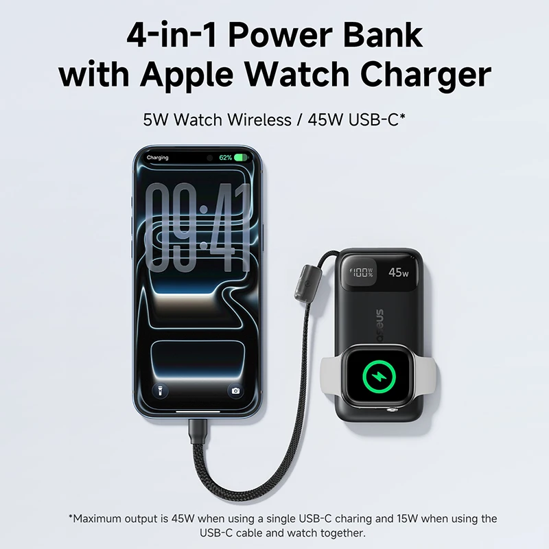 Baseus 45W 10000mAh Power Bank with 5W Magnetic Wireless Charging for iWatch & AirPods External Battery For iPhone 17 16 Pro Max