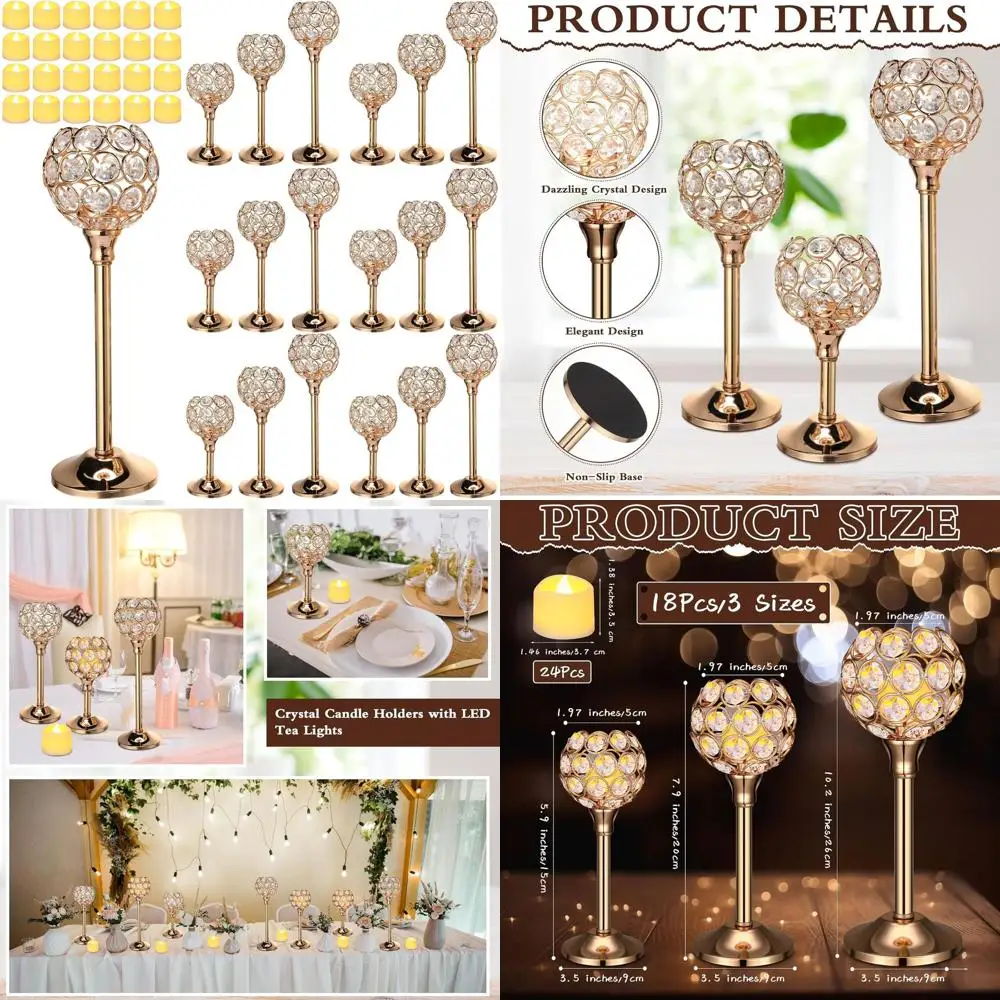 

Набор из 42 хрустальных подсвечников с LED-свечами - Декоративные, 3 размера, для дома, свадеб и подарков (золото)