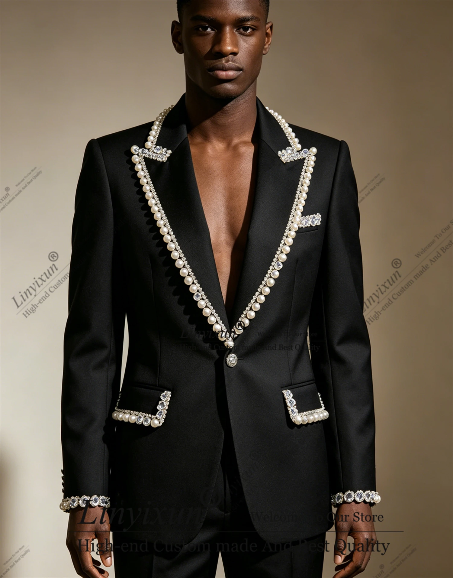 Simple style Gem Rhinestone Men Suits 2 Piece Male Prom Blazer Fashion Slim Groom Wedding Tuxedos Customized pantalones hombre