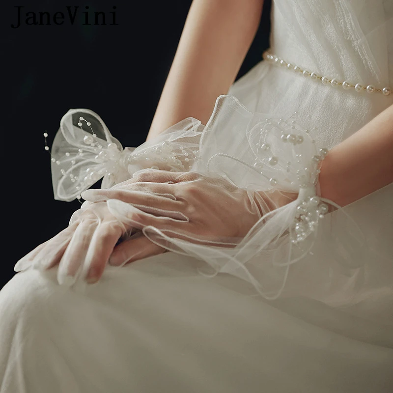 JaneVini-Sheer Tulle قفازات زفاف قصيرة للنساء ، يد قوس لؤلؤي ، قفازات زفاف للعروس ، إكسسوارات حفلات ، أبيض ، جديد ،