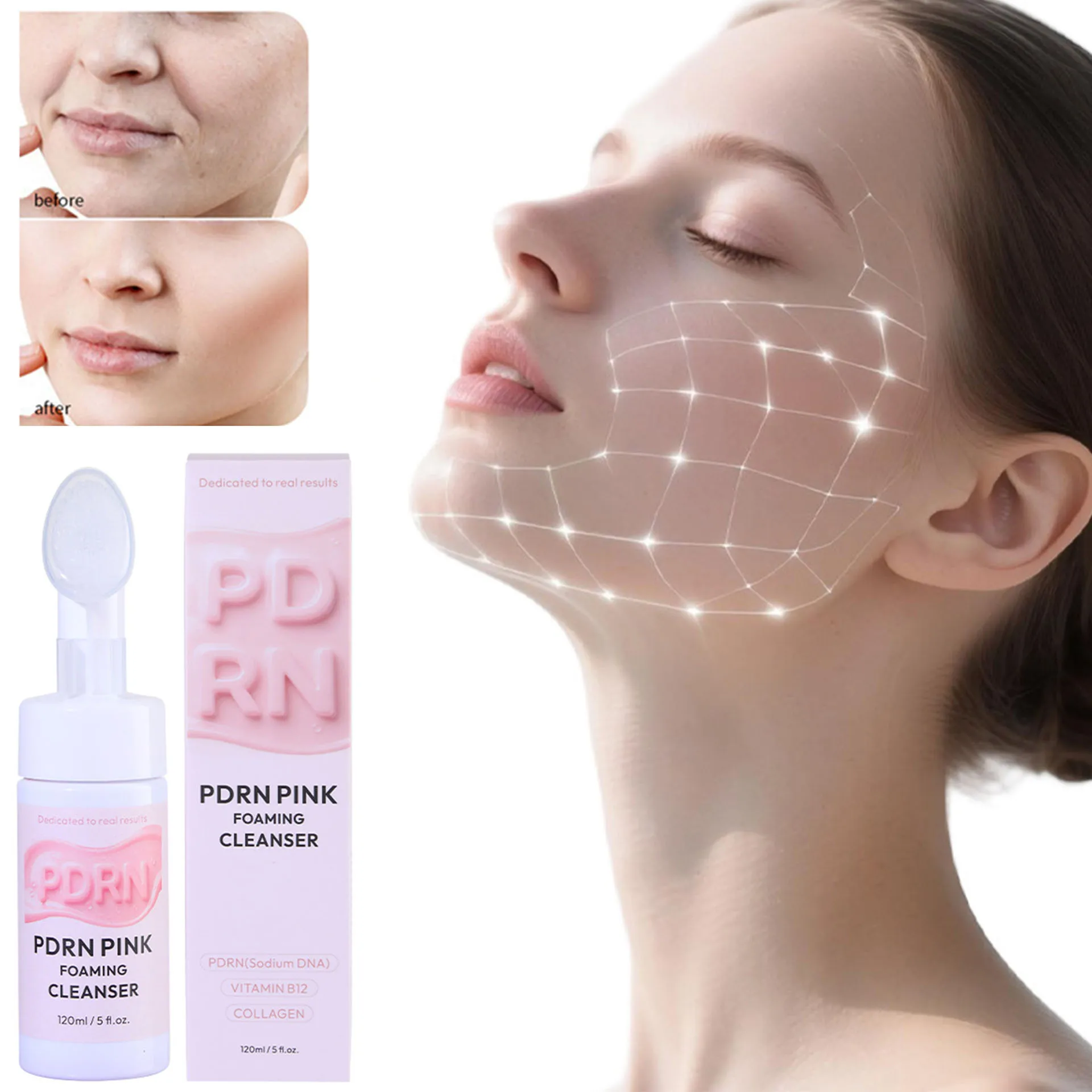 Pink Foam Cleanser Silicone Brush Head Gently Cleanses Skin Fades Acne Marks Brightens Skin Tone Moisturizing Cleanser Skincare