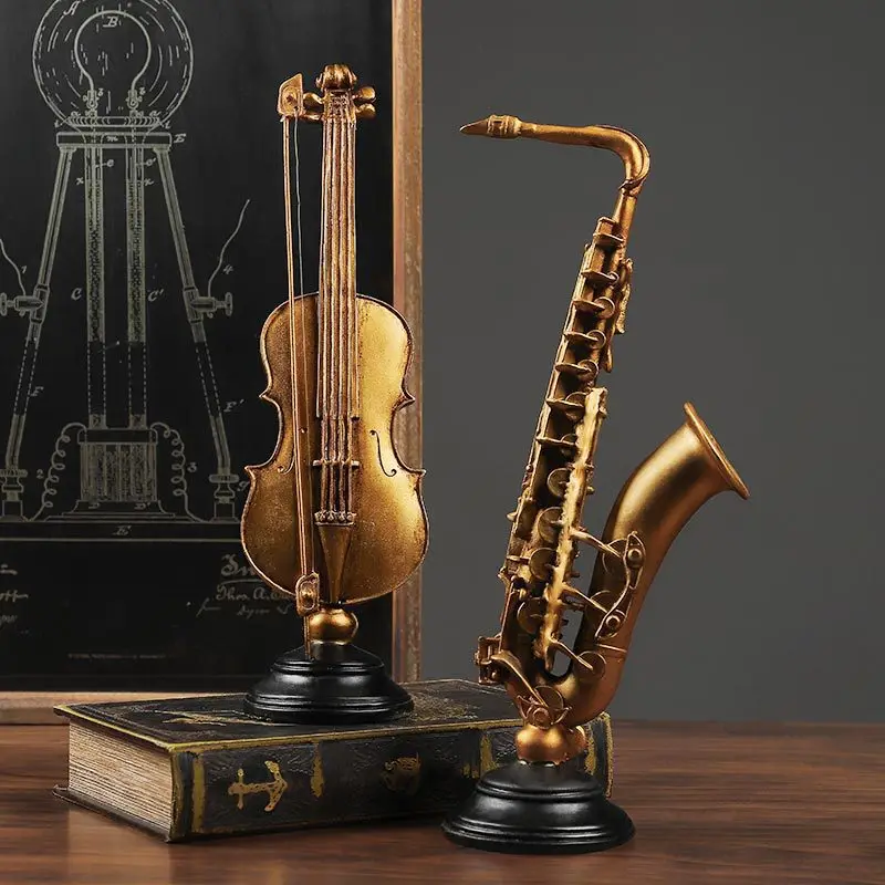 Retro gold violin musical instrument creative home decoration model concert window display stand European layout props