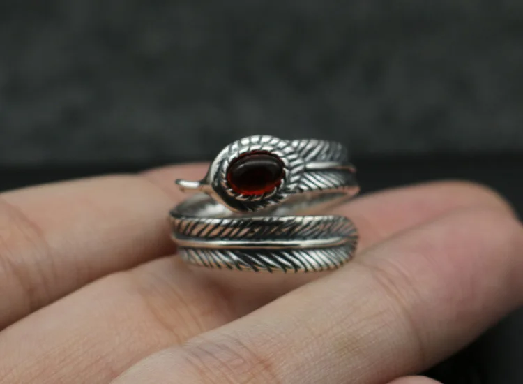 925 Sterling Silver Feather Ring Handmade Net Red Street Shoot Jewelry Men and Women Open Vintage Ring Index Finger