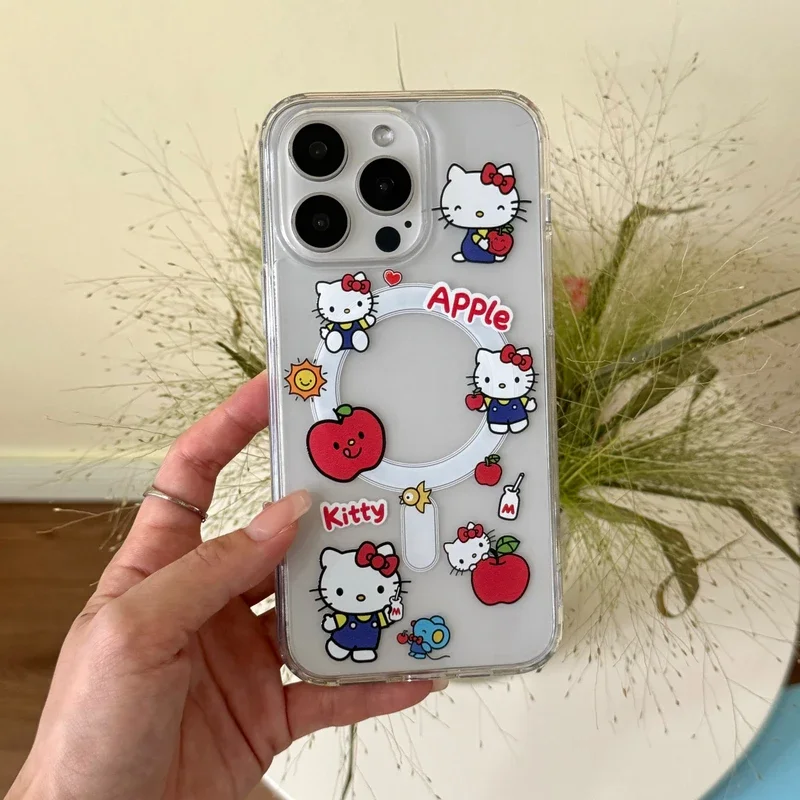 Cute Sanrio Hello Kitty Magnetic Wallet Bracket Magsafe Wireless Charge Phone Case For iPhone 16 15 14 13 12 11 Pro Max Cover