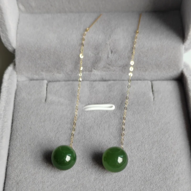 SMILE Real 18K gold ear line Au750 earrings Hotan Jade round bead ear line women's boutique jewelry gifts E0136
