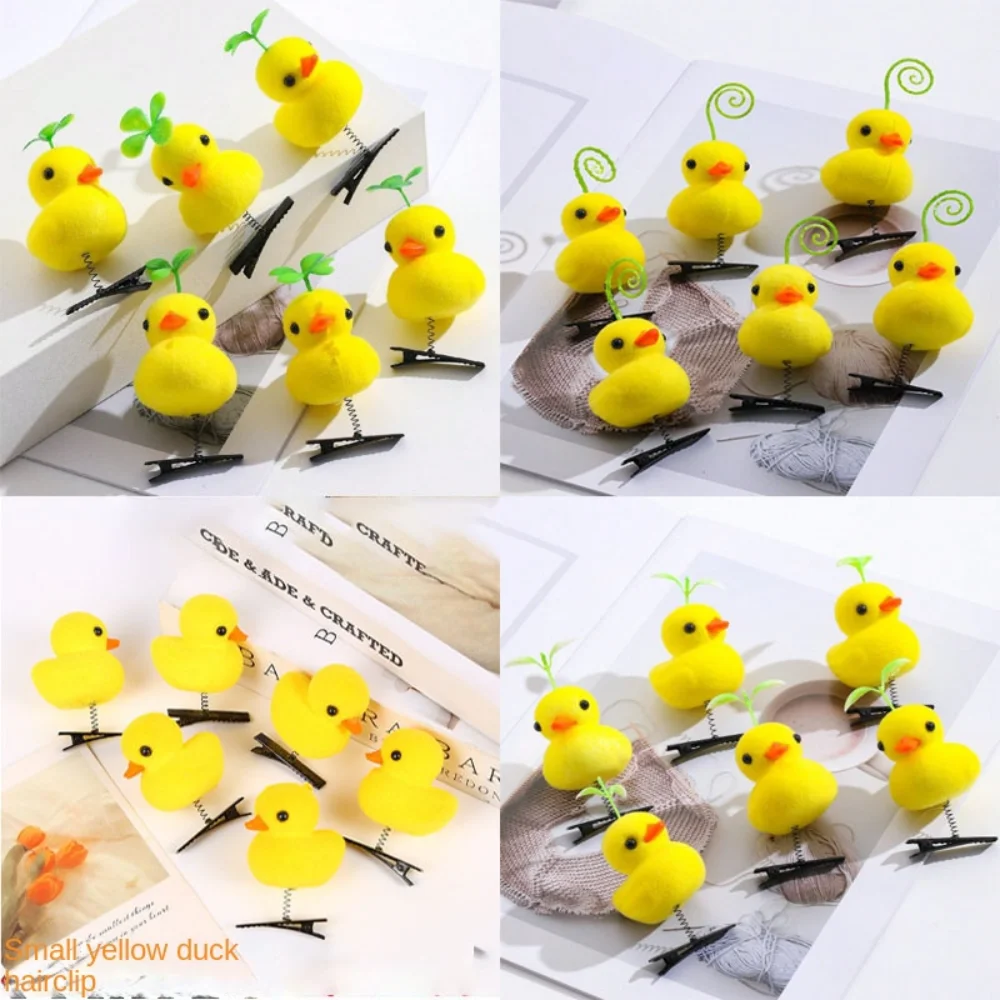 6pcs 3D Little Yellow Duck Spring Hair Clip Cartoon Four Leaf Clover Plush Hairpin Bean Sprout DIY Duckbill Clip Women Girl