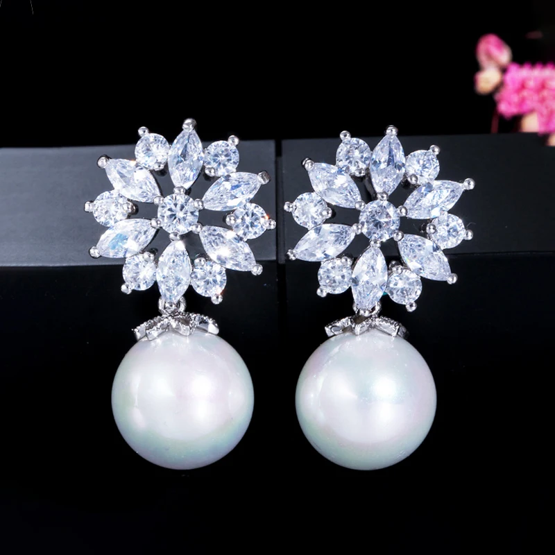 ThreeGraces Elegant Sparkly White Cubic Zirconia Simulated Pearl Drop Earrings for Women New Fashion Daily Party Jewelry E900 image 6