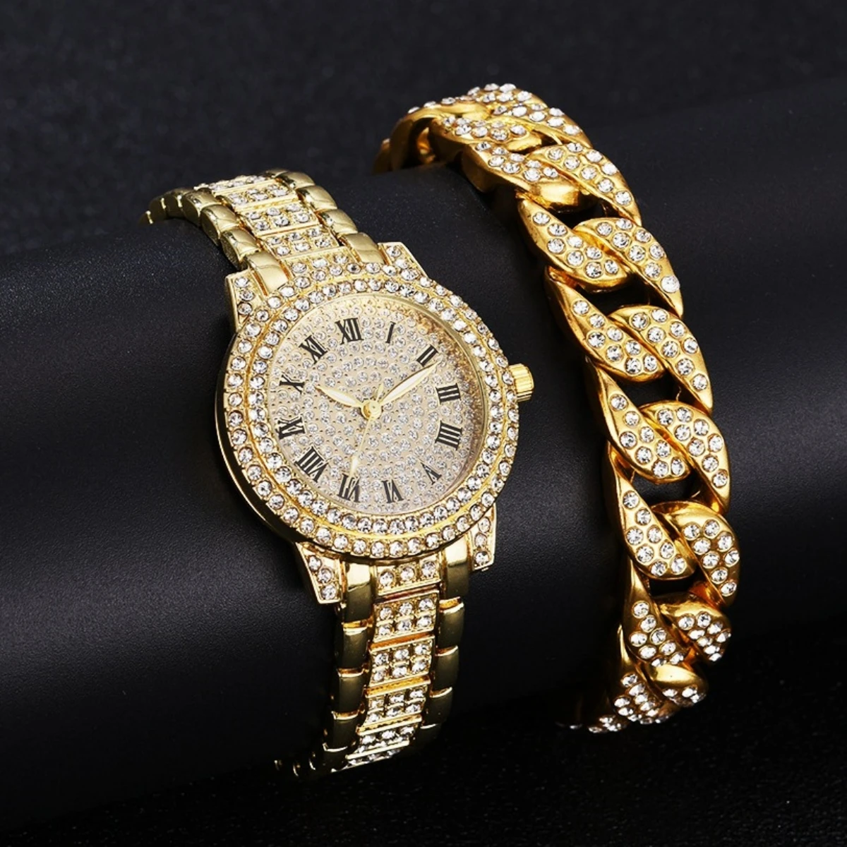 3pcs Luxury Rhinestone Quartz Watch and Jewelry Necklace Bracelet Set - Hiphop Fashion Analog Wristwatch for Women - Perfect Gif