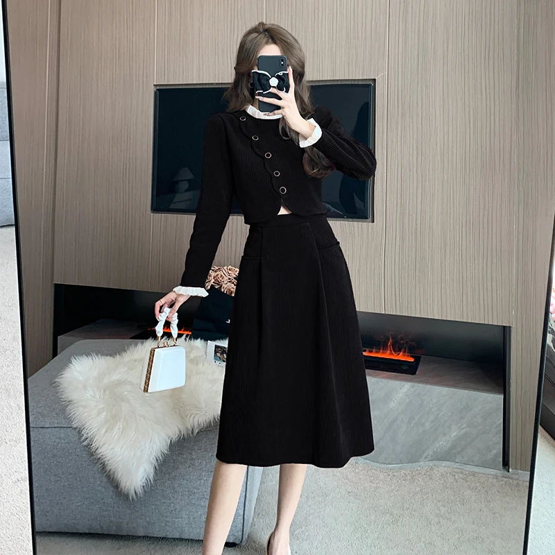 Fashion Autumn Long Sleeve Corduroy Two Piece Set For Women O Neck Chic Single Breasted Slim Short Coat + A Line Midi Skirt Suit