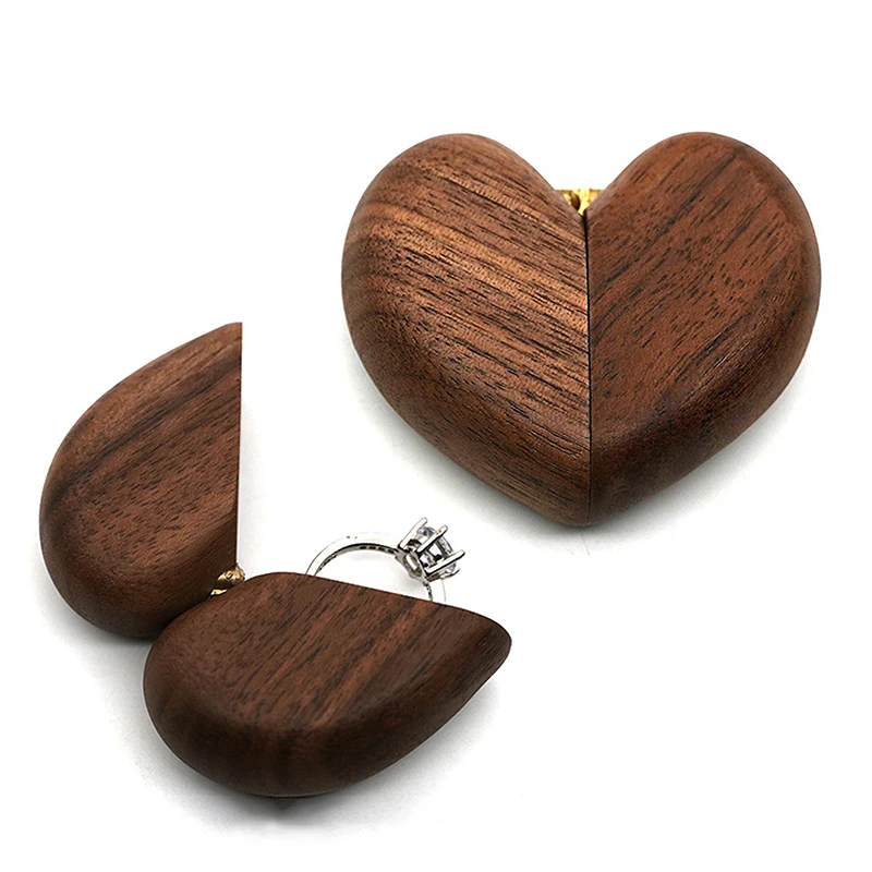 Heart-Shaped Wooden Ring Box Jewelry Holder For Engagement Wedding Anniversary Gift For Couples Brides Grooms