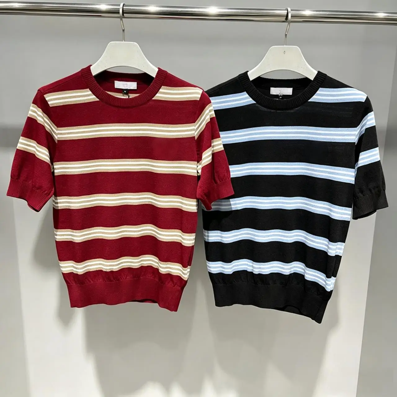2026 Female Golf Knit Shirt Autumn Crew Neck Striped Short Sleeve Elastic Soft Casual Sportwear Ladies Golf Blouse