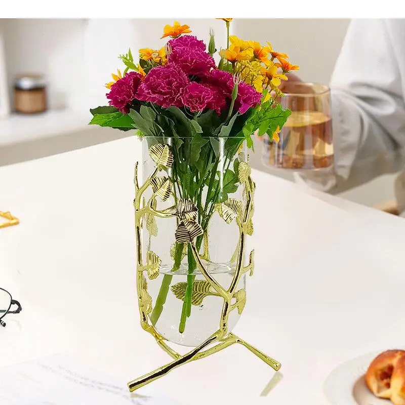 

Gold-plated Glass Vase Metal Bracket Hydroponics Flower Pots Artificial Flowers Decorative Floral Arrangement Golden Vases