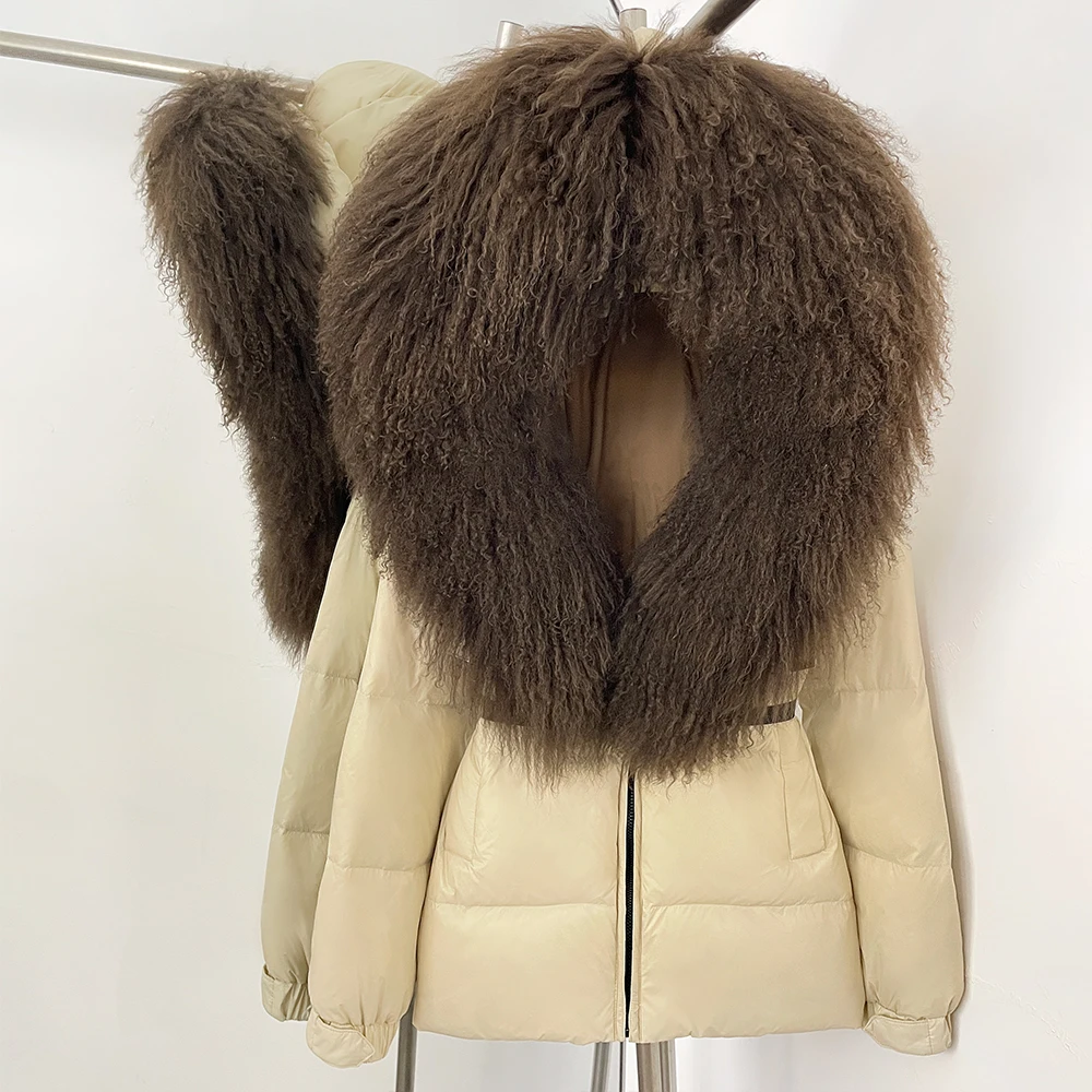 

Женская пуховая куртка Reality с мехом, теплая, с воротником из натурального монгольского овечьего меха, женская пуховая куртка-пуховик, верхняя одежда, пуховик с поясом, женское пальто