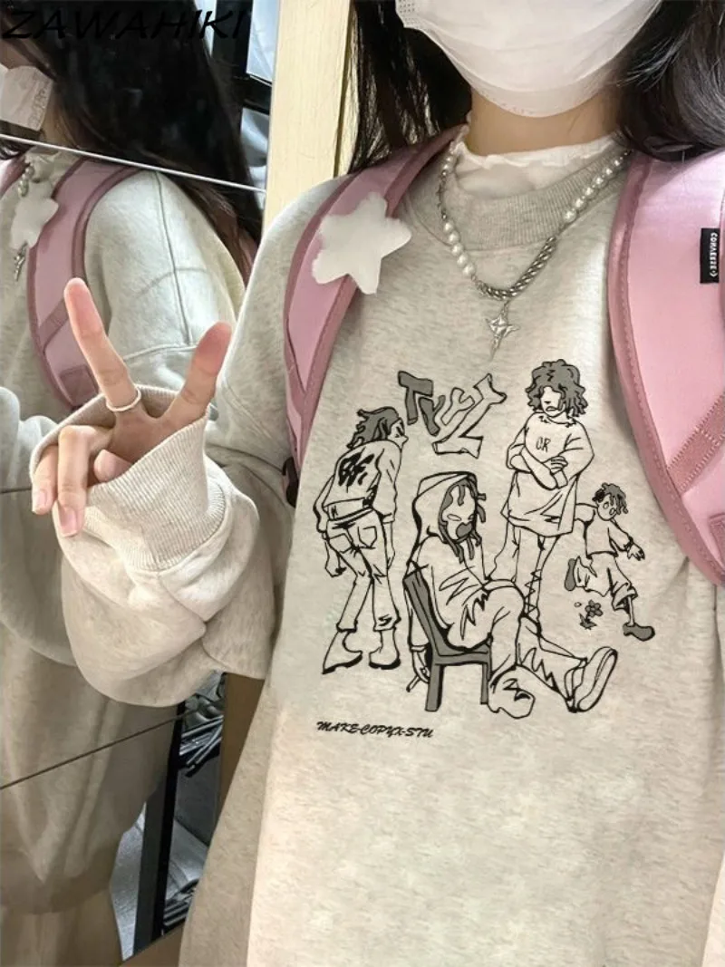 Zawahiki Sweatshirt Frauen japanische süße Brief Cartoon Print Mode lose alle passen lässig niedlichen O-Ausschnitt Streetwear Chic Tops