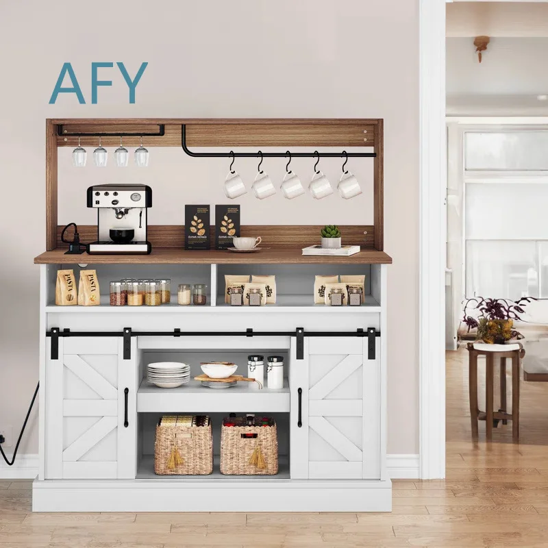 Custom Pastoral Design Barn Sliding Door Bar Cabinet for Extra Large Storage Open Shelf Unit for Home Bar Kitchen Living Room