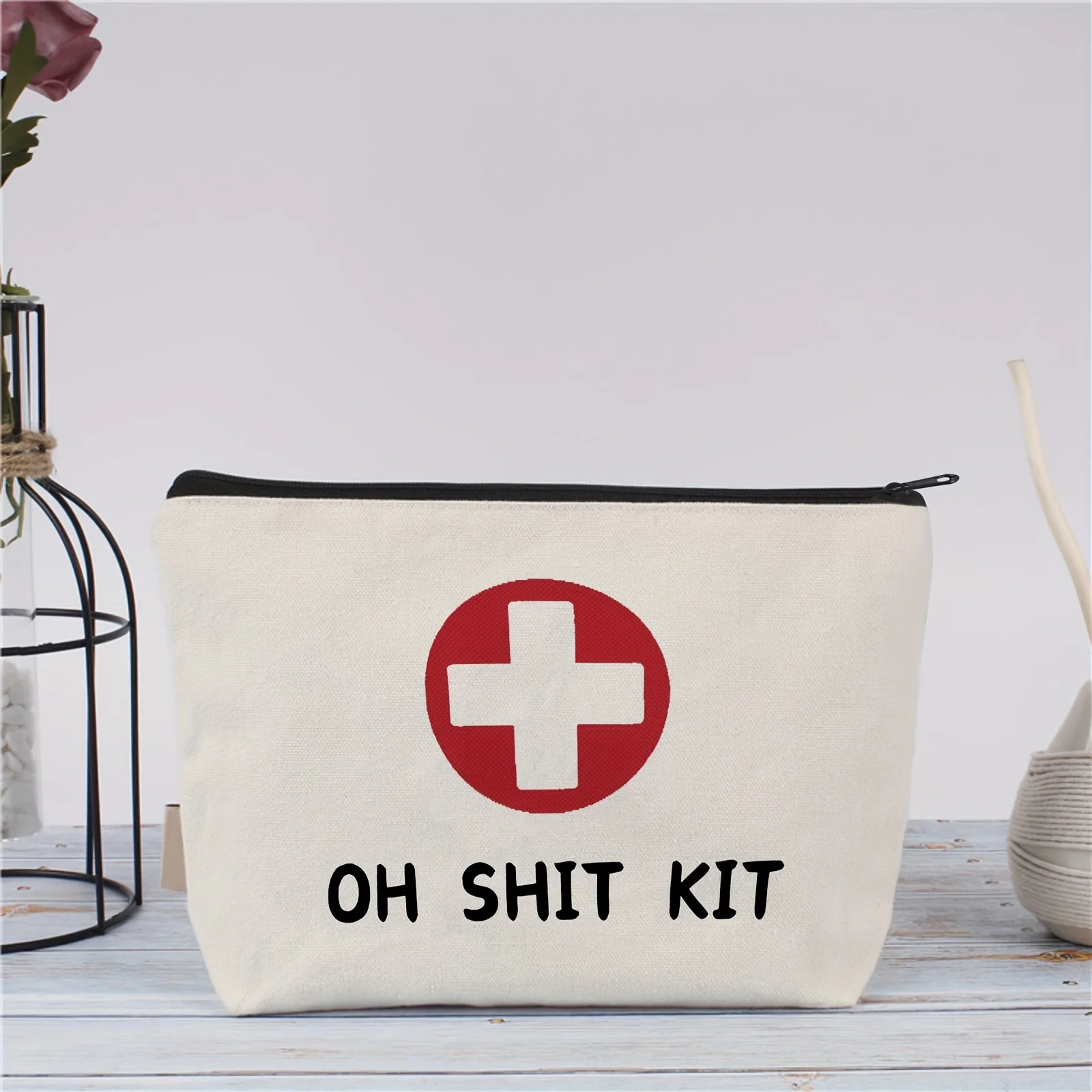 First Aid Cosmetic Bag, Unisex-Adult Red And Natural Color,Positioning Printed "OH SHIT KIT" Emergency Travel Toiletry Pouch