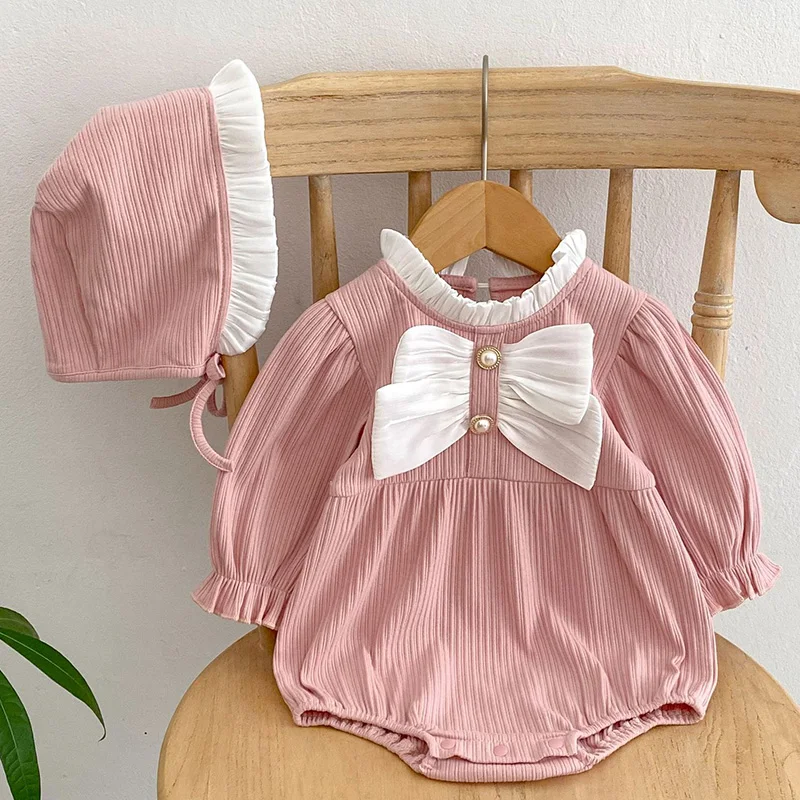 2024 New Spring Newborn Baby Girl Jumpsuit+Hat Long Sleeved Solid Color Bow Splicing Toddler Baby Girl Romper Children Clothes