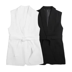 PB&ZA 2024 Early Autumn New Women's Fashion Solid Color All-match V-neck Dress with Belt Sleeveless Vest Vest