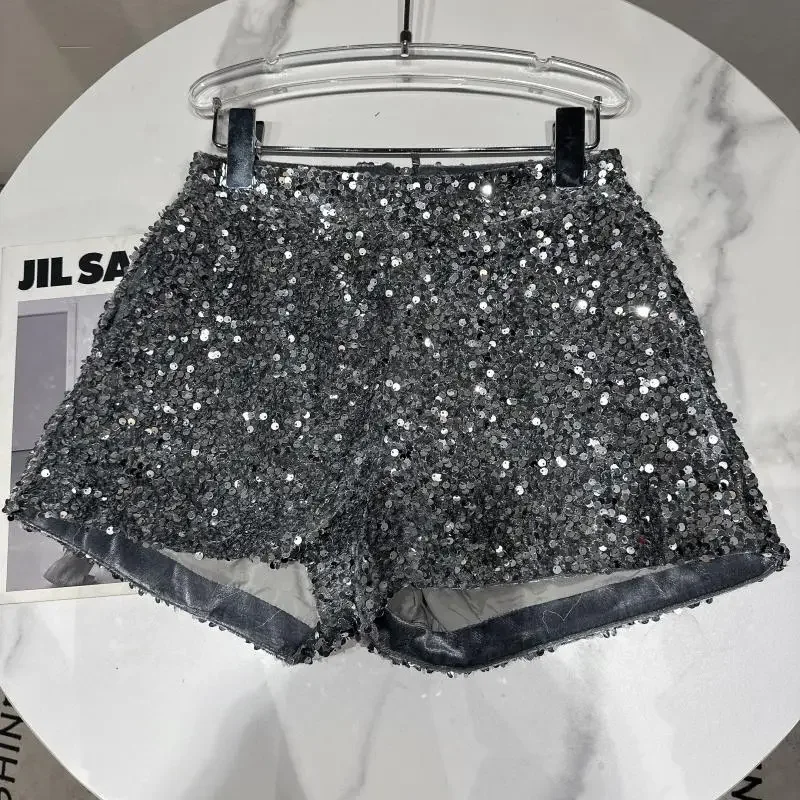 Wlwear-Short à paillettes sexy pour femmes, taille haute, streetwear, jambe large, pantalon court, argent noir, vêtements pour femmes, nouveau