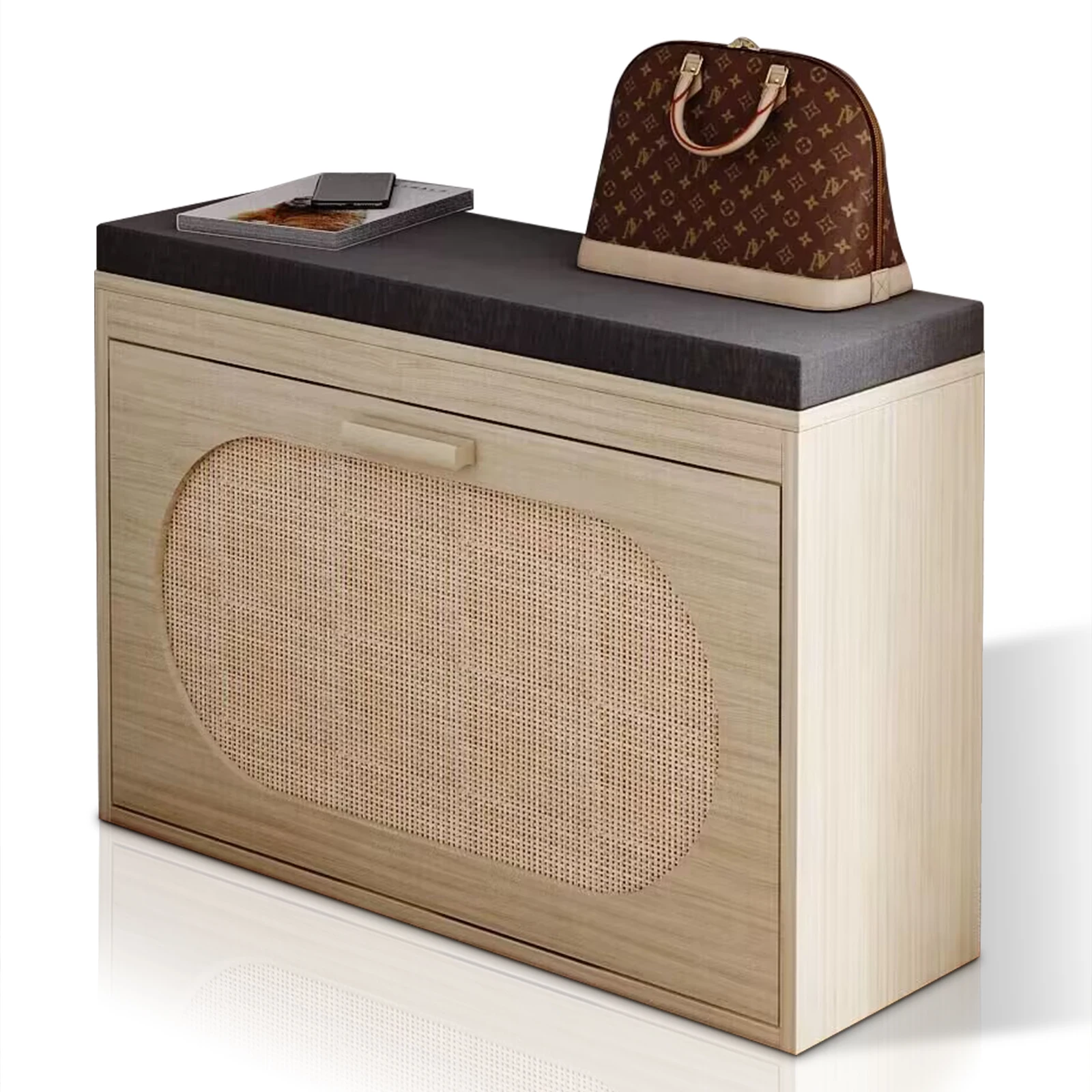 

Rattan Shoe Rack, Hallway Shoe Bench, Shoe Cabinet with Flip-Drawer and Seat Cushion