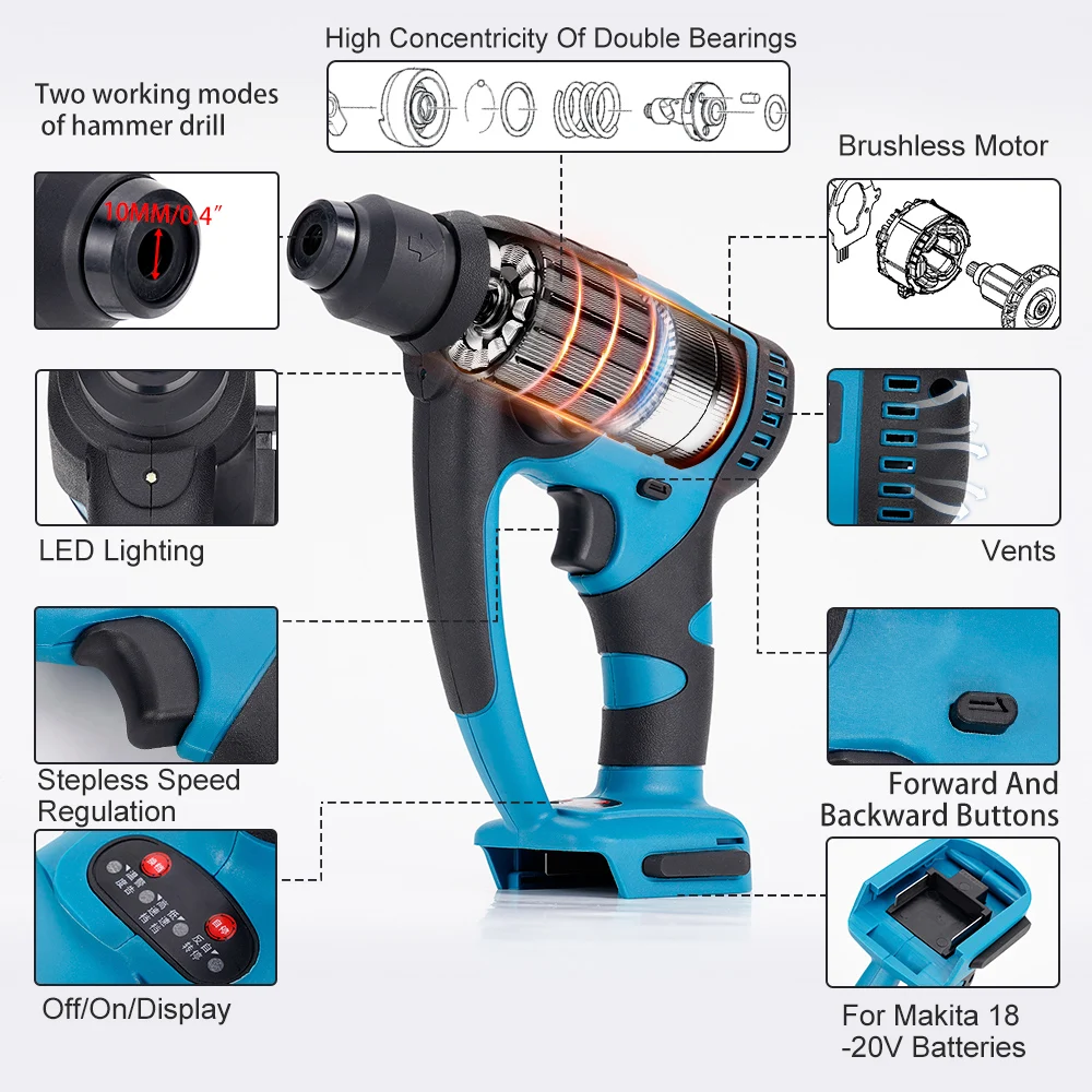 20V Brushless Electric Hammer 2in1 Cordless Rechargeable Electric Rotary Demolition Hammer Power Impact Drill For Makita Battery