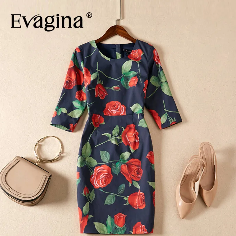 

Evagina Fashion Design Spring Summer Women's Three Quarter Sleeved Rose Printing Slim-Fit Hip Wrap Pencil Dresses