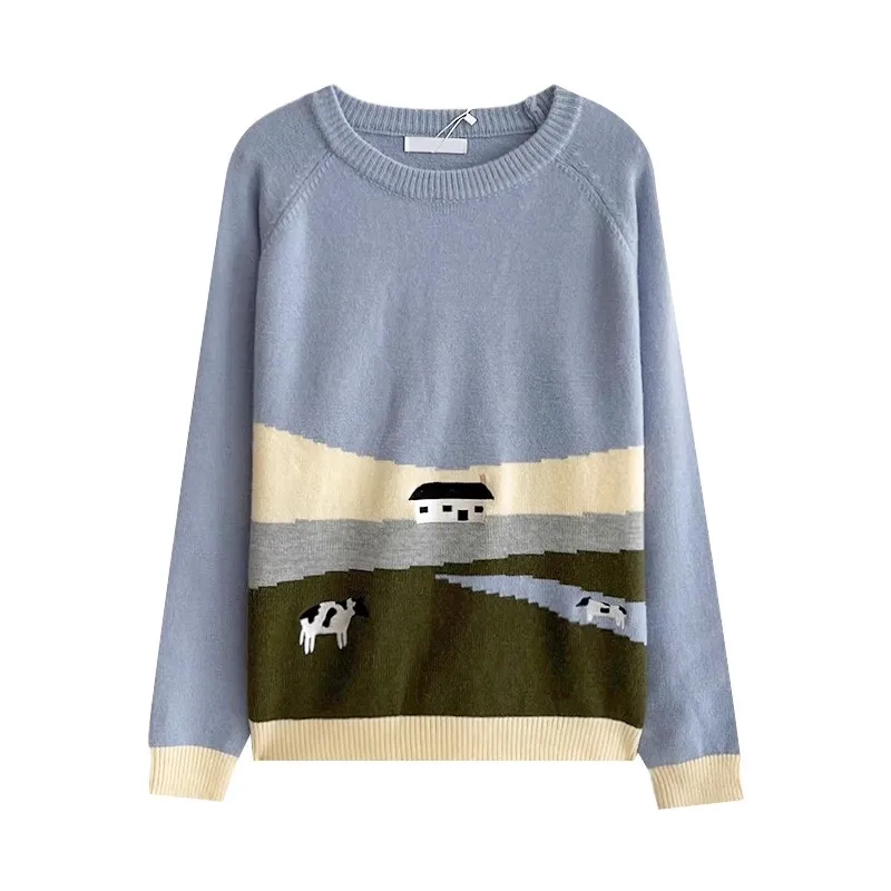 

Autumn and Winter Little Fresh Cute College Style Contrast Color Round Neck Pullover Long Sleeve Sweater