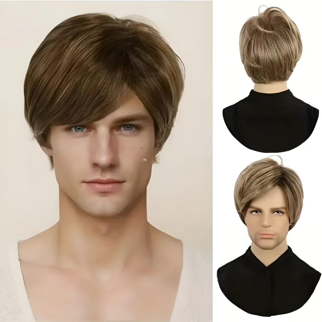 

Mens Short Haircuts Dark Brown Ombre Blonde Wig Natural Straight Hairstyles Synthetic Man Male Wig with Side Bangs Daily Party