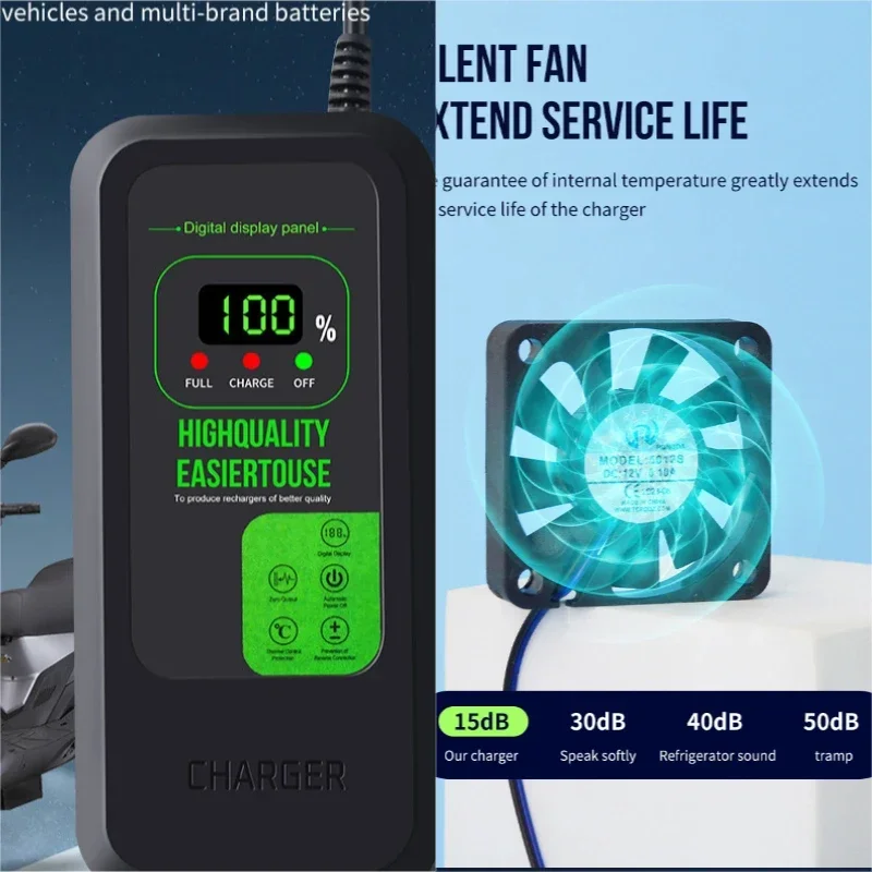 LCD Display Smart 48V 20AH Lead Acid Battery Charger for Motorcycle E-bike Scooter AC110V to 220V with UK EU AU US adapter Plug