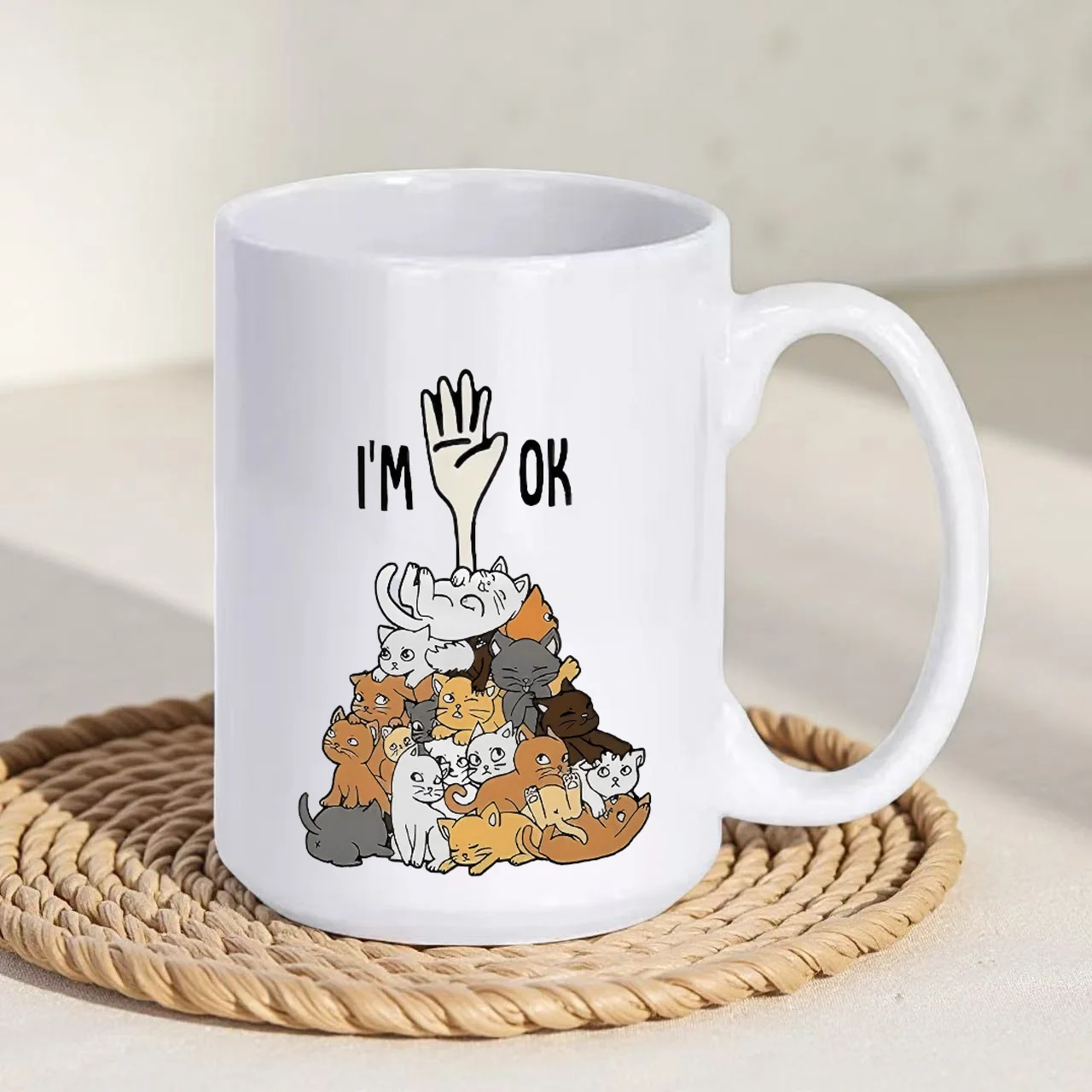 3A Funny Humor Cat Coffee Mug I Am Fine After Cat Attack Pattern 11oz Ceramic Cup Gift for Cat Lovers Birthday Valentine New Yea