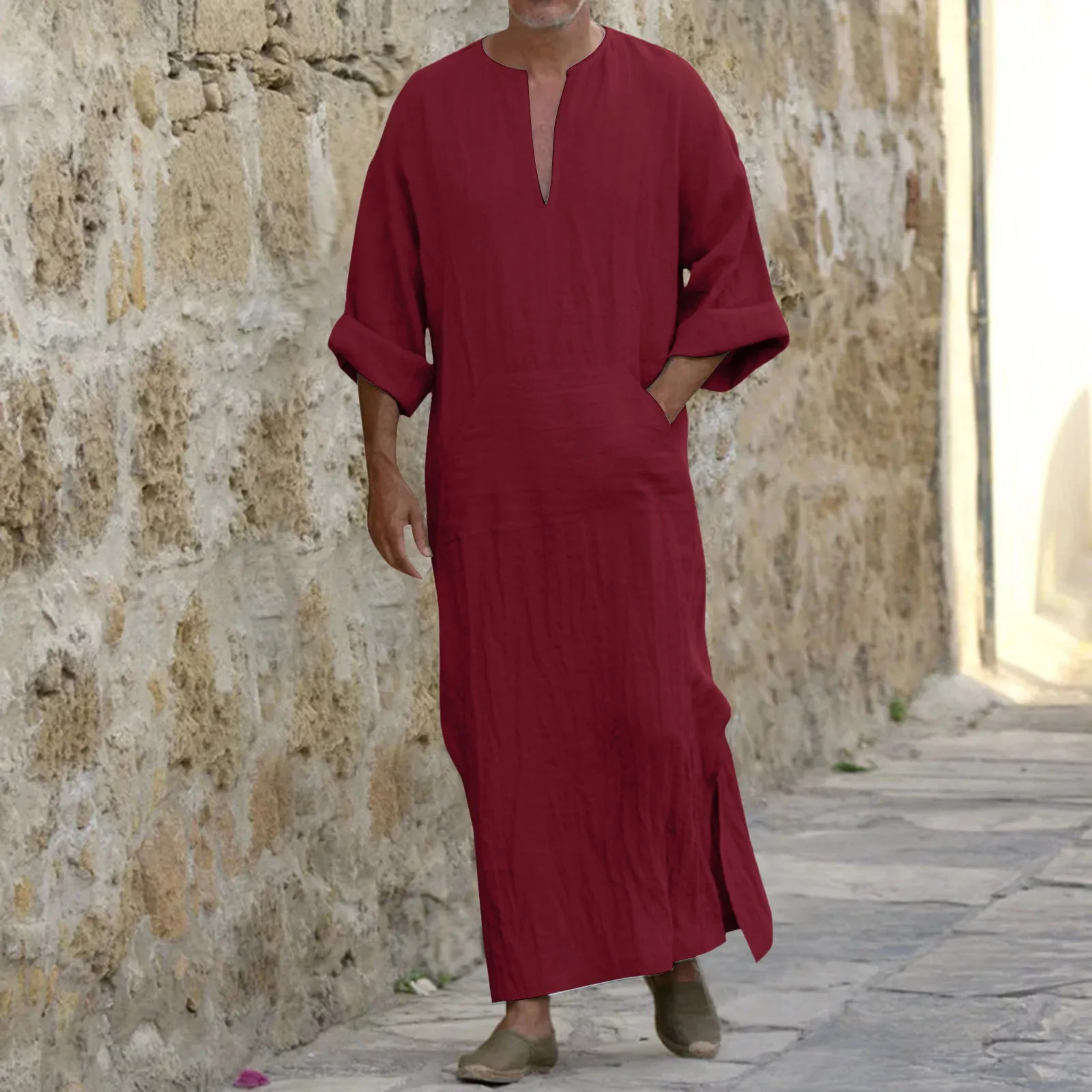 Herren muslimische Robe V-Ausschnitt lässige Taschen lose Langarm Vintage arabische ethnische islamische Kleid männliche Abaya islamische Kleidung