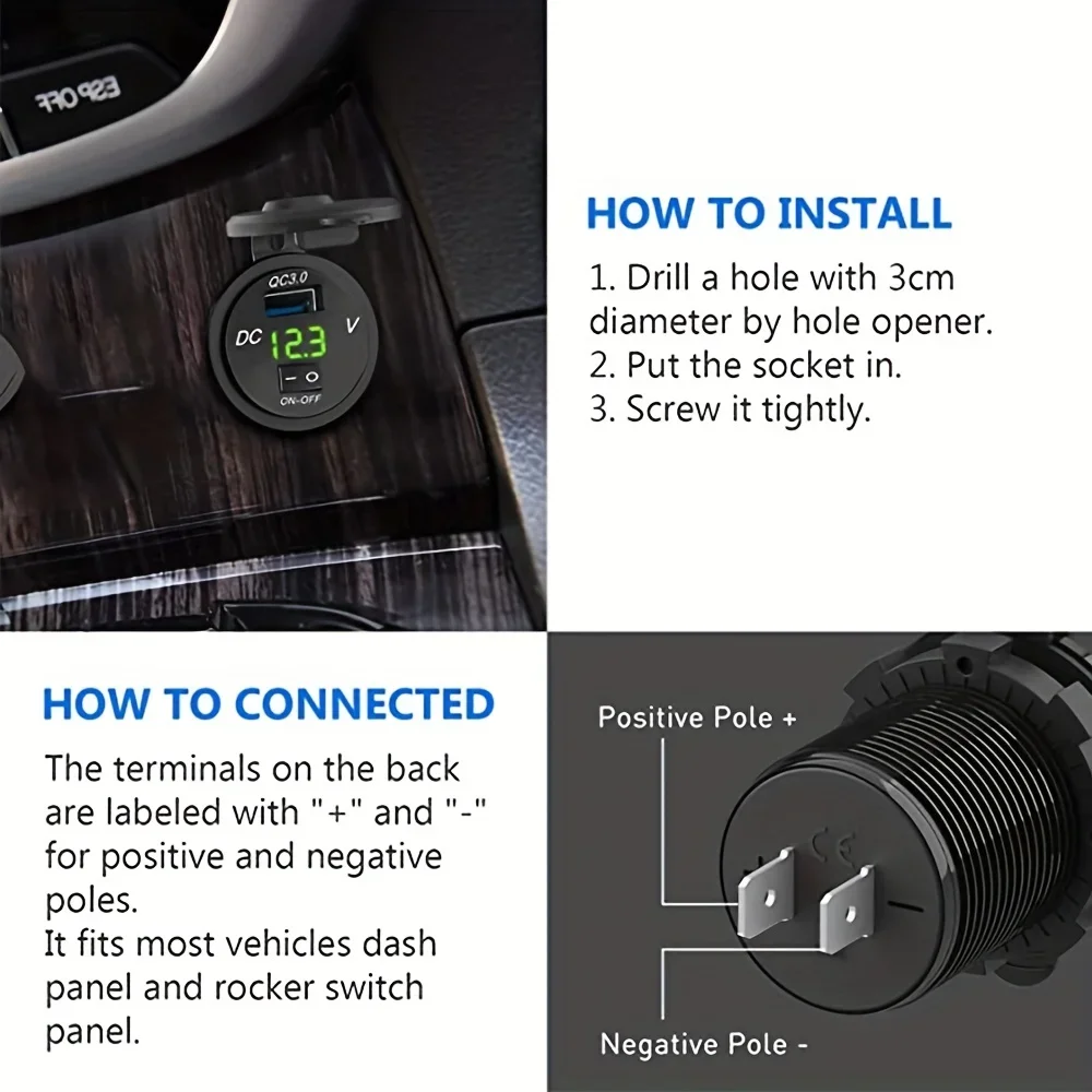 QC3.0 USB Car Charging Socket with Switch Digital Display Voltmeter Waterproof Socket Suitable for Cars Motorcycles and Boats