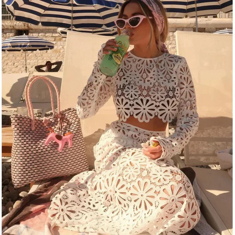 

Women See Through Crochet Top 2 Piece Set Elegant Hollow Out Flare Long Sleeve Top Slim Hip Package Skirts 2025 Summer Chic Suit