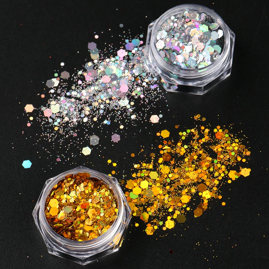 กลิตเตอร์ตกแต่งเล็บ 14 ชิ้น สีแดง ทอง เงิน โฮโลแกรม แบบ 3 มิติ รูปทรงหกเหลี่ยม ประกายวิ้ง แบบเมอร์เมด สำหรับตกแต่งเล็บ