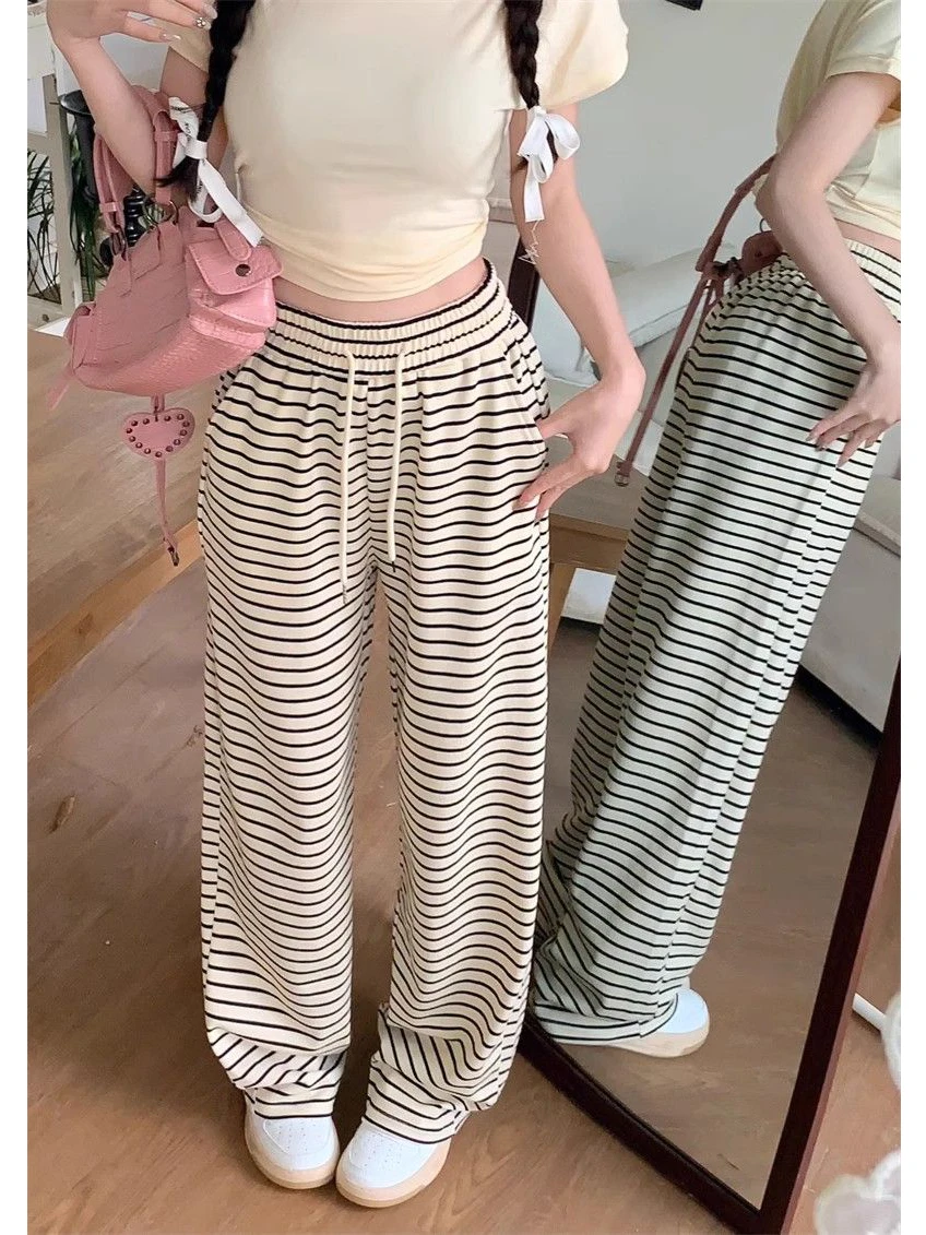 กางเกงขายาวทรงหลวมลายทางเอวสูงสำหรับผู้หญิง รุ่นใหม่สำหรับฤดูหนาว ทรงตรง ผ้าพลิ้ว ยาวคลุมเท้า