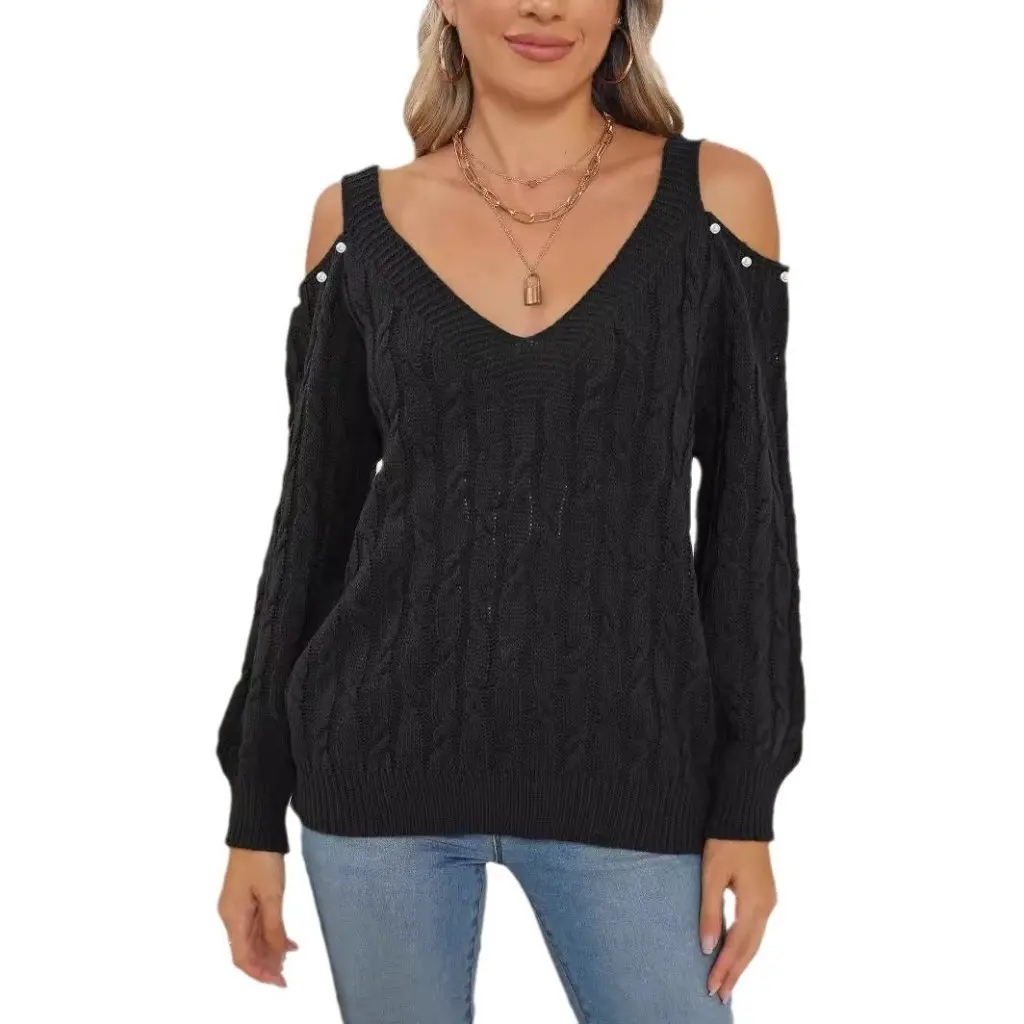 

Women's Off-Shoulder Loose Pullover Sweater Deep V Neck Woven Bottoming Shirt European And American Style Autumn Winter Top