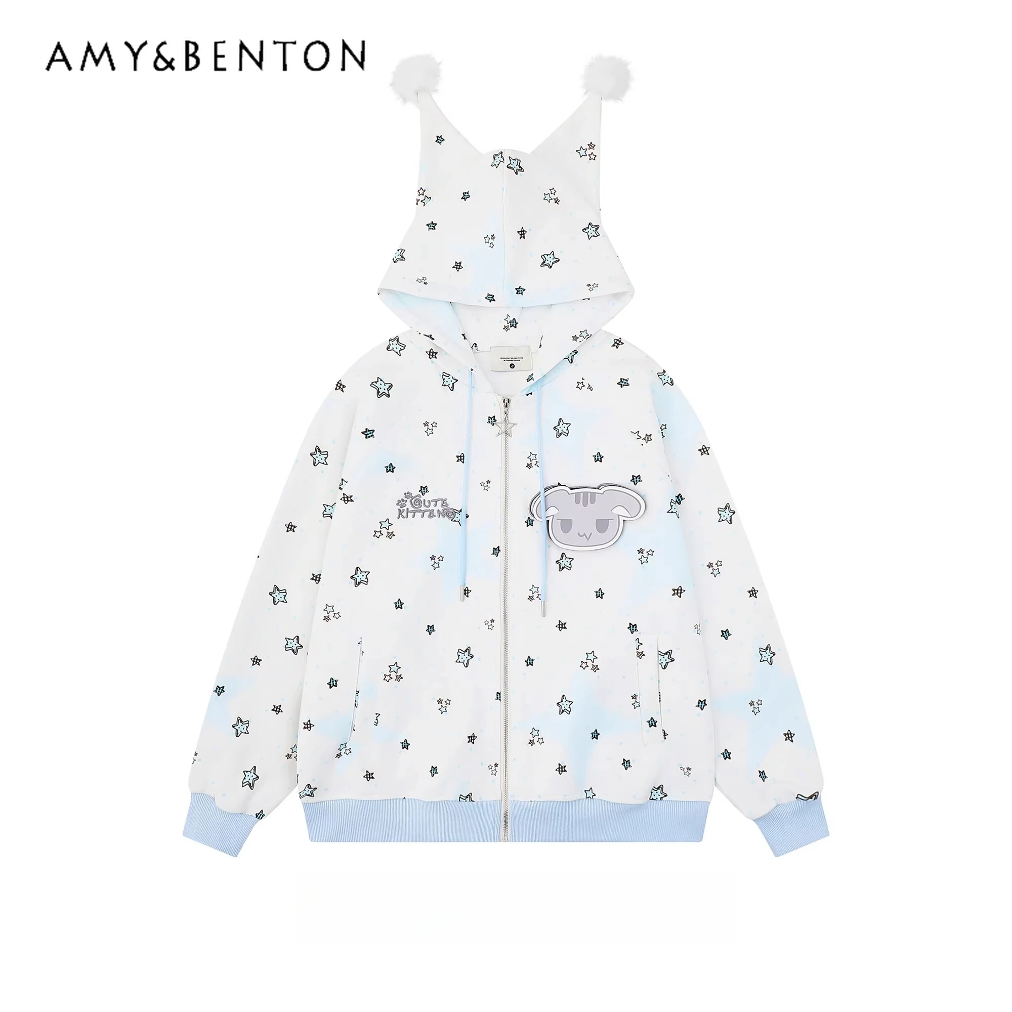 

Spring and Autumn New Cute Star Cartoon Print White Hooded Cardigan Jacket for Women Loose Casual Style Blue Sweatshirt