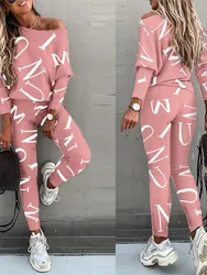 2-piece Set Of Women's Fashion Letter Print Sexy Off-shoulder Leggings Trousers Autumn New Casual Comfortable Sportswear