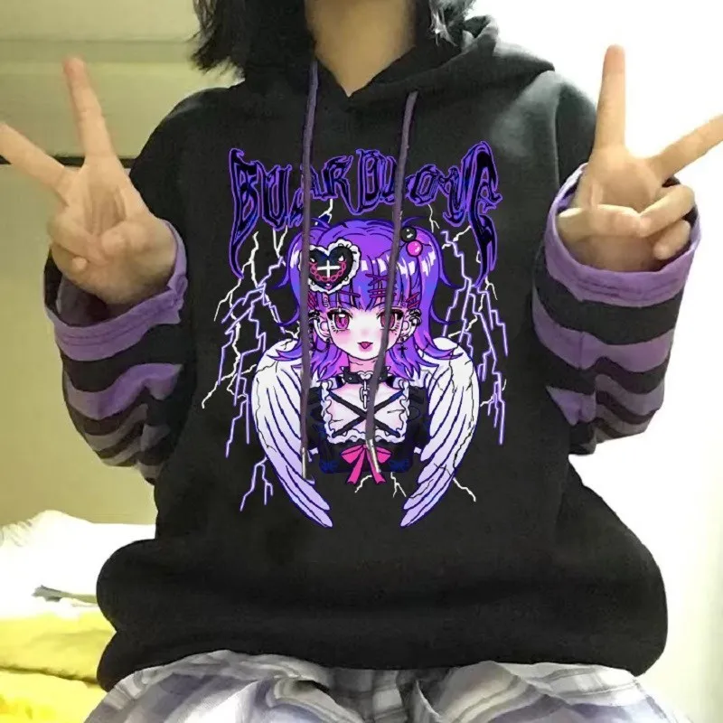 Goth Punk błyskawica anioł bluza z kapturem imitacja dwuczęściowej bluzy z kapturem w paski patchworkowe bluzy z kapturem damskie 2022 Gothic