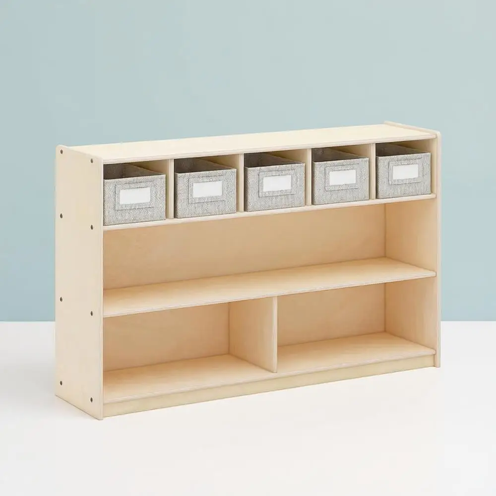 

Natural Wood Storage Cabinet: 5-Bin Organizer for Home, School, and Classroom
