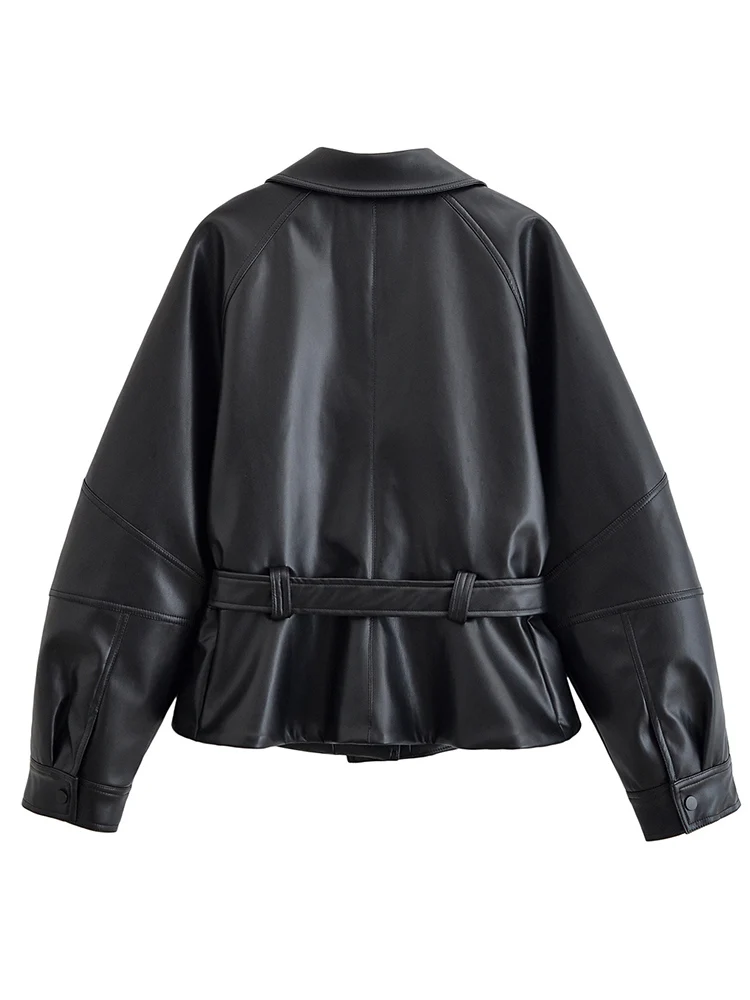 TFMLN Giacca da donna in ecopelle con cintura Colletto rovesciato nero Maniche lunghe Tasca con cerniera Cappotti corti da donna Streetweer
