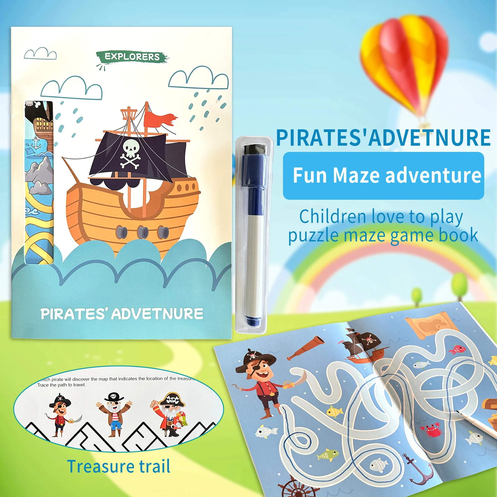 

Pirate Adventure Reusable Maze Activity Book For Kids Erasable Puzzle Game Book With Dry Erase Pen For Parent-Child Play