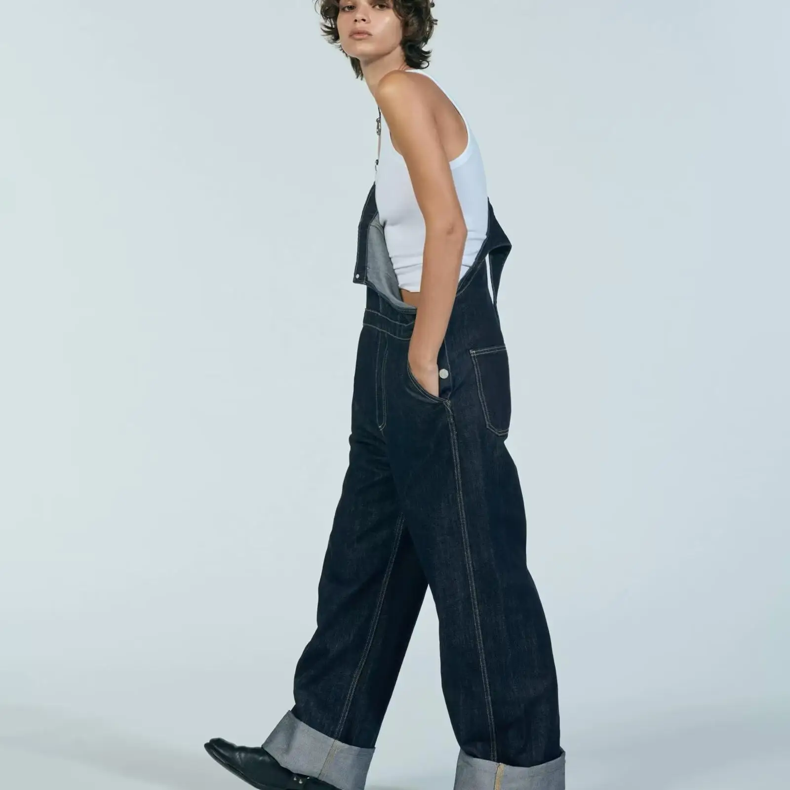 Fall 2024 New Women's Simple Versatile Long Denim Overalls 89729 Commute Sle Vintage Waed Wide Leg l Waist Jeans